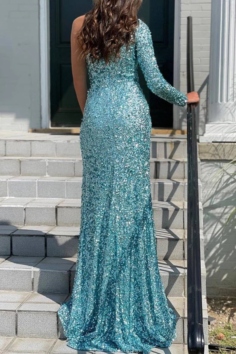 Vestido de fiesta largo con lentejuelas, manga larga y un solo hombro con abertura